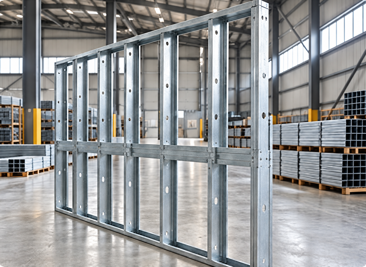 Paquete de framing CFS/LGS con muro estructural en planta de fabricación