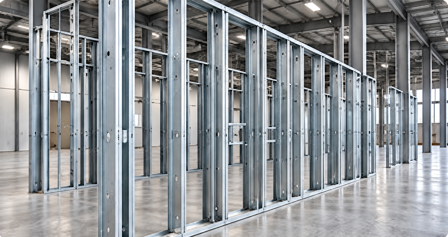 Paquete de framing interior CFS/LGS con divisiones repetibles en almacén