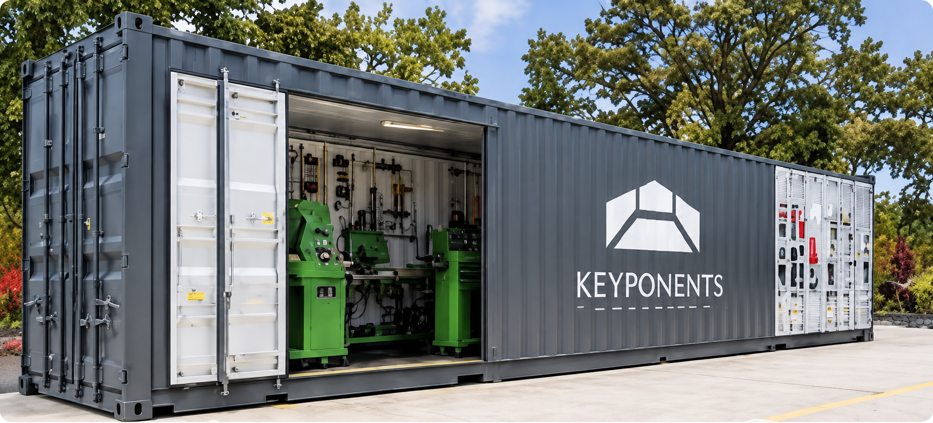 Contenedor Keyponents Mobile Factory abierto mostrando equipo de producción