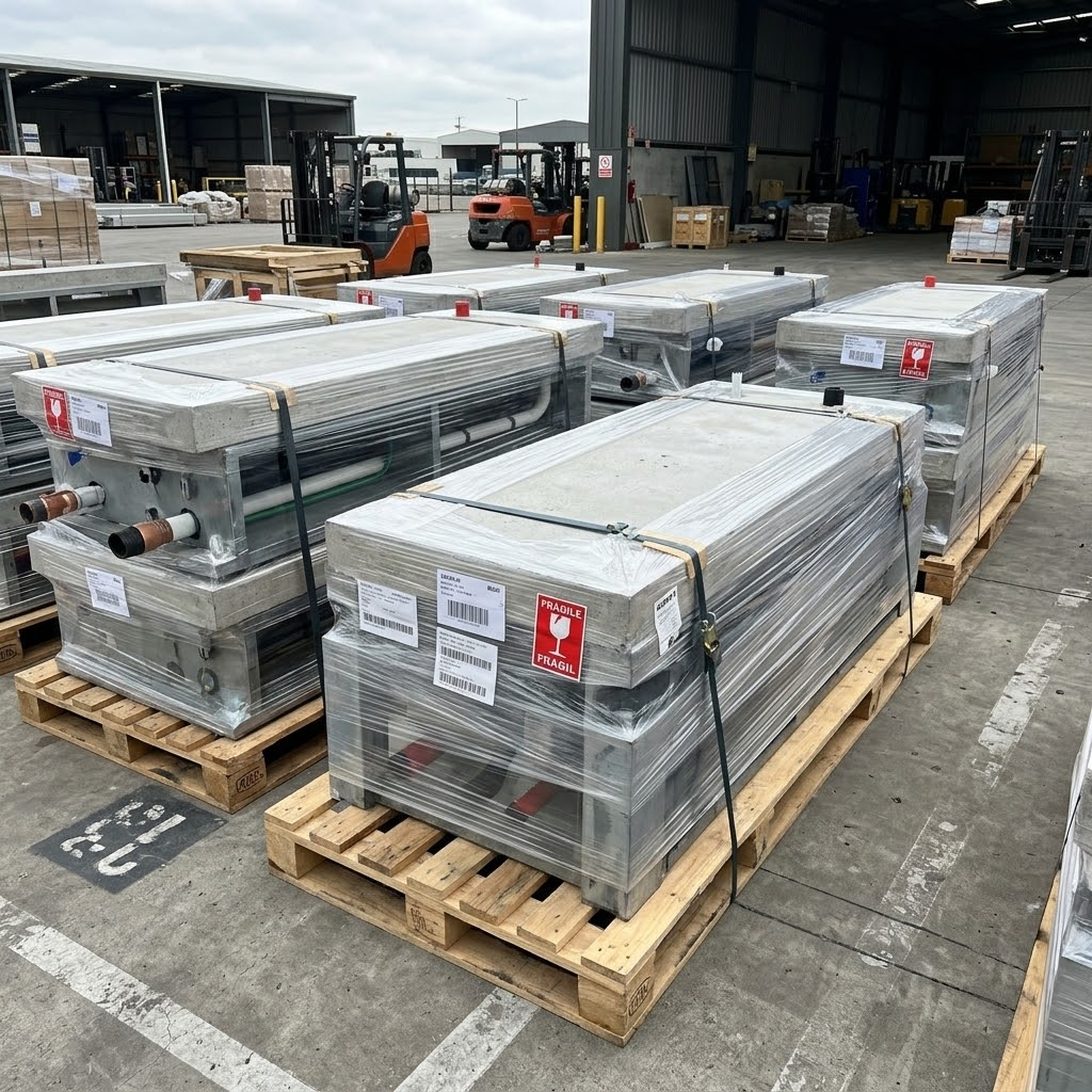 Waste Line Manifolds packaged on pallets for delivery