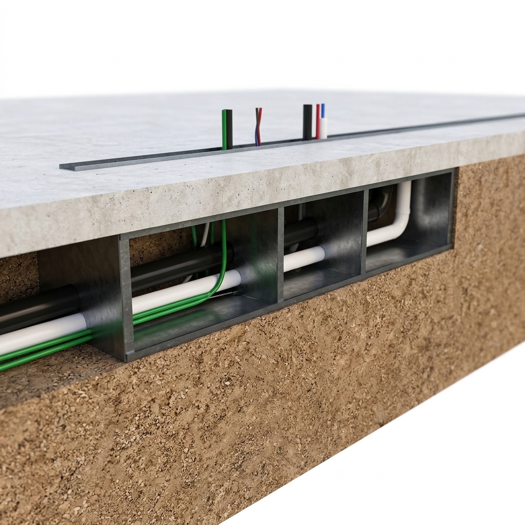 Waste Line Manifold coordinating service routes below a concrete slab