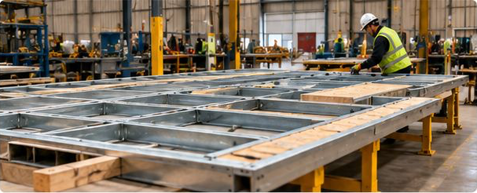 CFS/LGS wall panels being assembled in a controlled fabrication environment