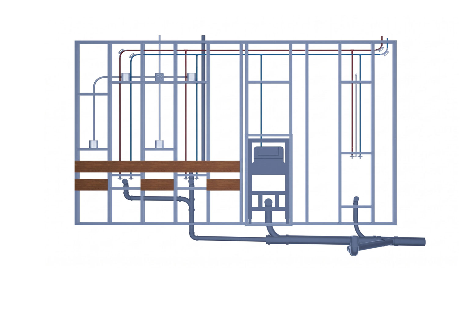 Bathroom wall assembly in coordinated MEP configuration