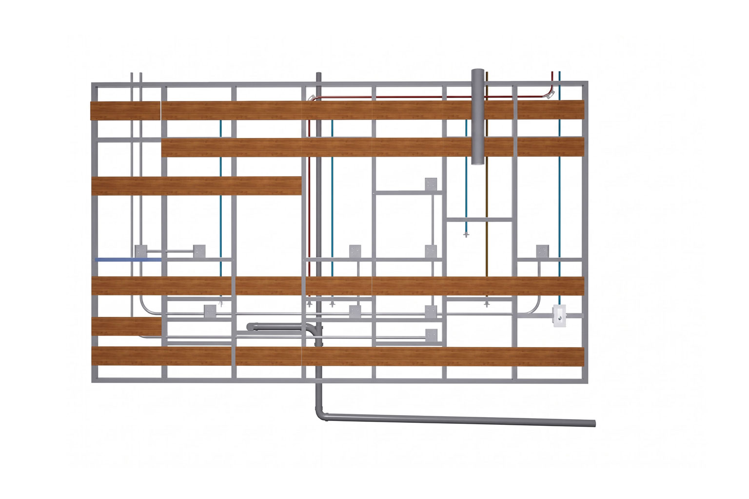 Ensamble de muro para cocina con instalaciones hidráulicas, eléctricas y de ventilación coordinadas