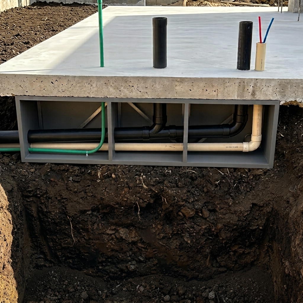 Waste Line Manifold installed below a concrete slab with coordinated drainage connections